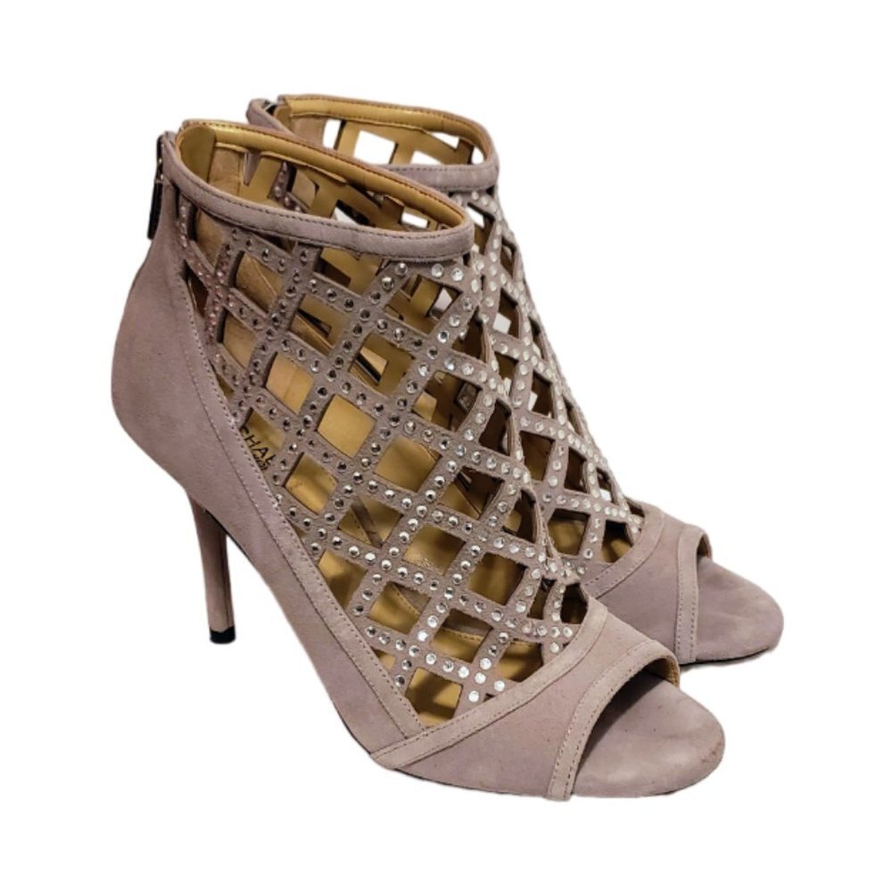 MICHAEL Michael Kors Yvonne Caged Open Toe Bootie 8 Heels Gray Rhinestones